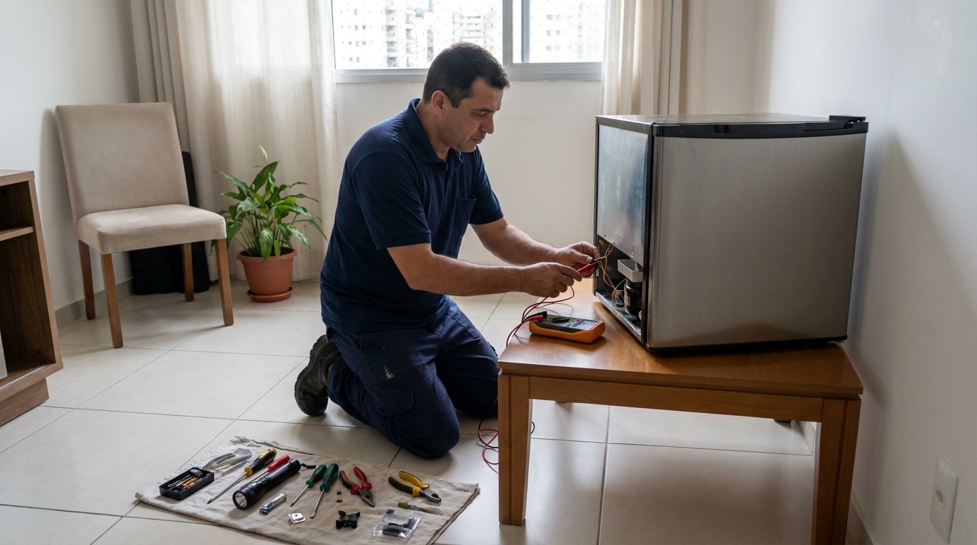 Técnico realizando manutenção de motor de frigobar em Altinópolis, Governador Valadares‑MG