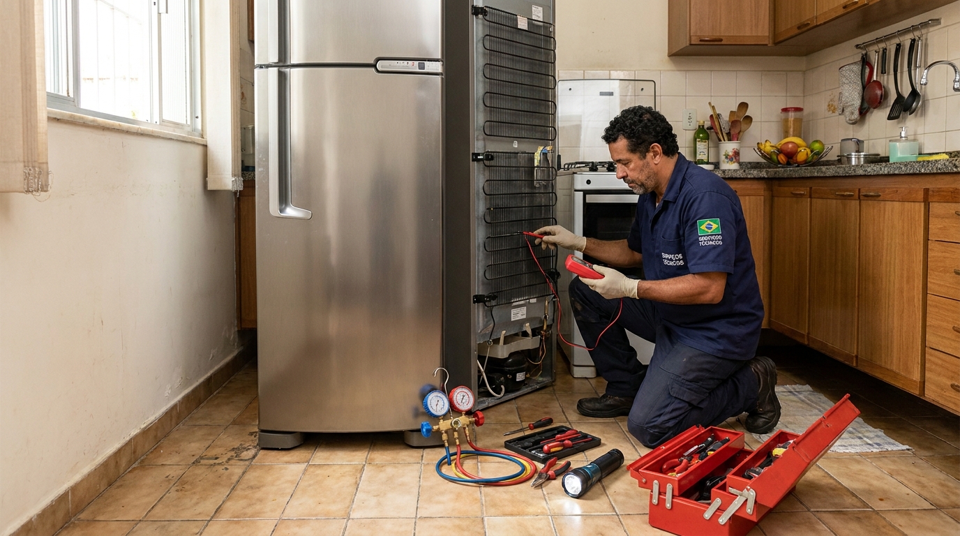 Técnico realizando manutenção de motor de geladeira em Governador Valadares‑MG