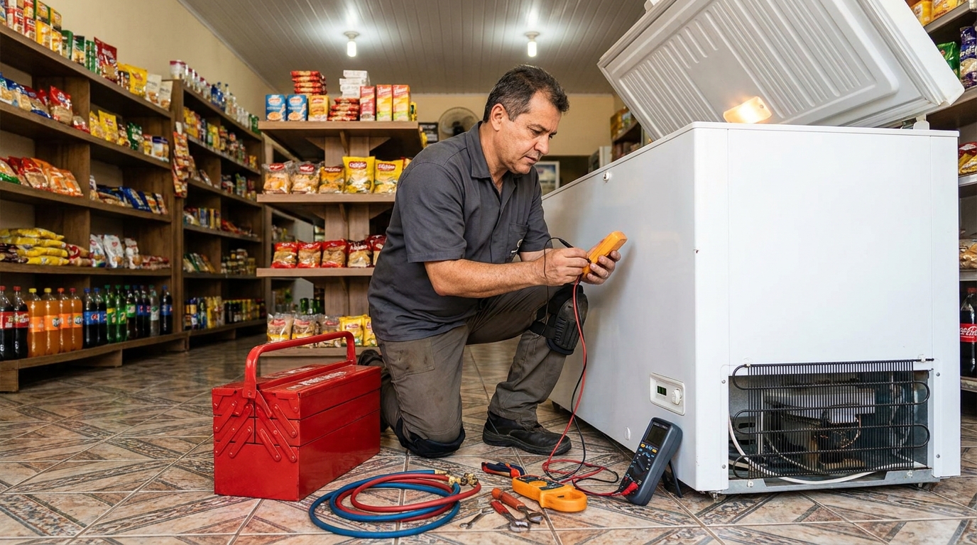 Recarga de gás refrigerante em freezer em atendimento em Azteca, Governador Valadares‑MG