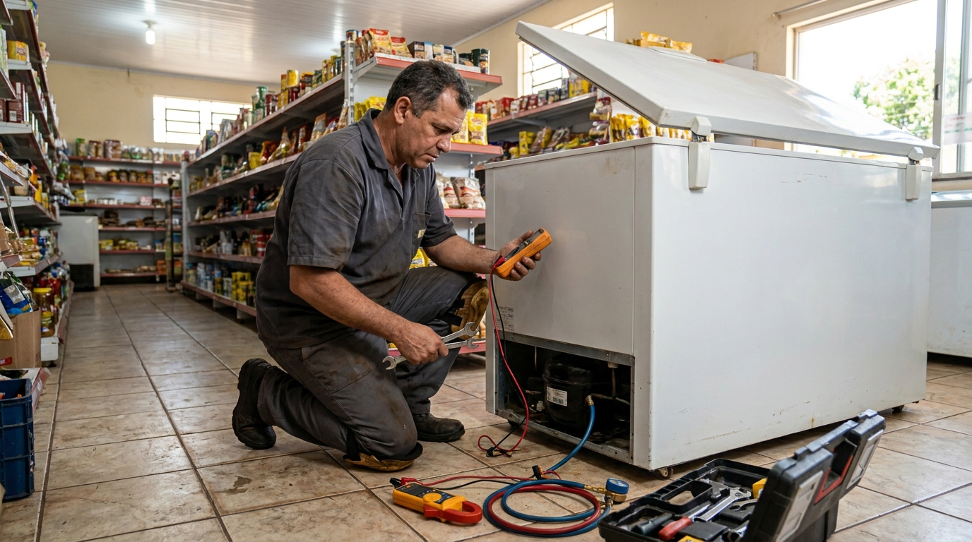 Troca de termostato de freezer em atendimento técnico em Azteca, Governador Valadares‑MG